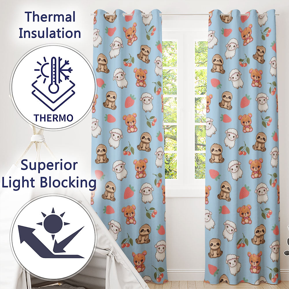 Cute Cute Baby Animals Bear Sheep Sloth Strawberry Cherry   Blue Background  Readymade Eyelet Ring Top Thermal 100% Blackout Curtains