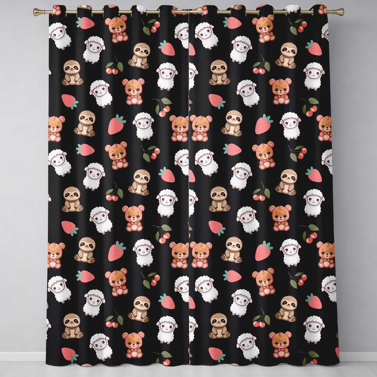 Cute Cute Baby Animals Bear Sheep Sloth Strawberry Cherry   Black Background  Readymade Eyelet Ring Top Thermal 100% Blackout Curtains