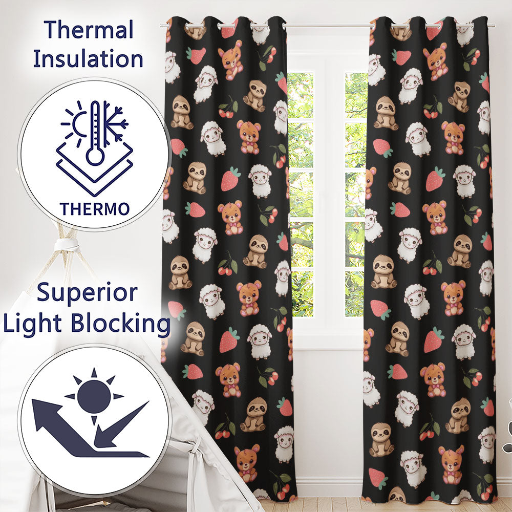 Cute Cute Baby Animals Bear Sheep Sloth Strawberry Cherry   Black Background  Readymade Eyelet Ring Top Thermal 100% Blackout Curtains