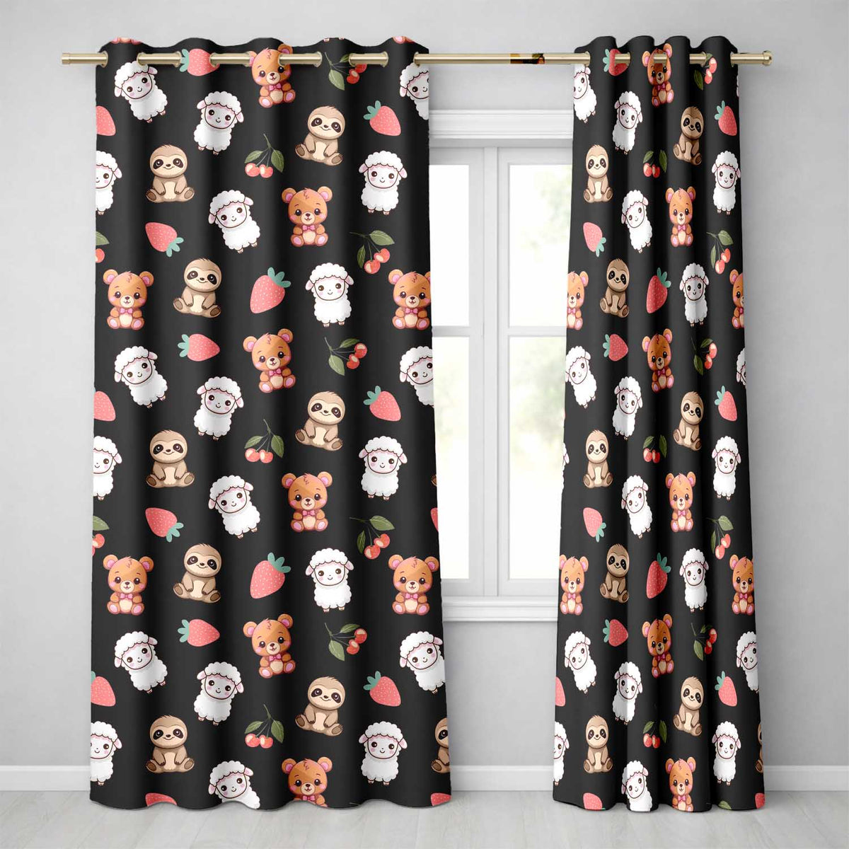 Cute Cute Baby Animals Bear Sheep Sloth Strawberry Cherry   Black Background  Readymade Eyelet Ring Top Thermal 100% Blackout Curtains