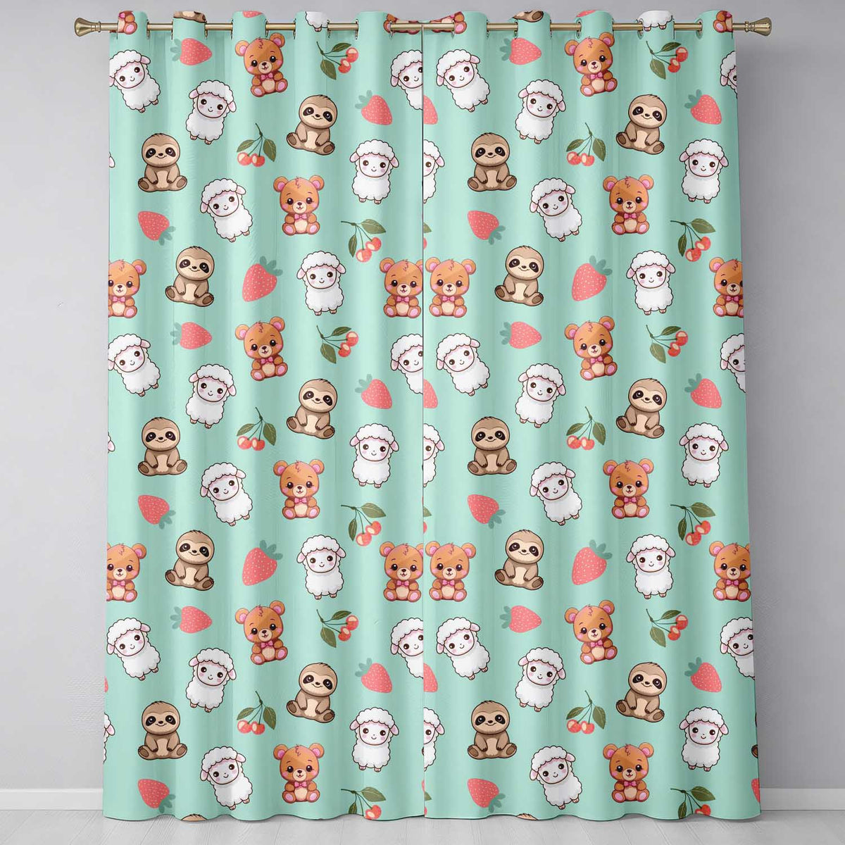 Cute Cute Baby Animals Bear Sheep Sloth Strawberry Cherry   Mint Background  Readymade Eyelet Ring Top Thermal 100% Blackout Curtains