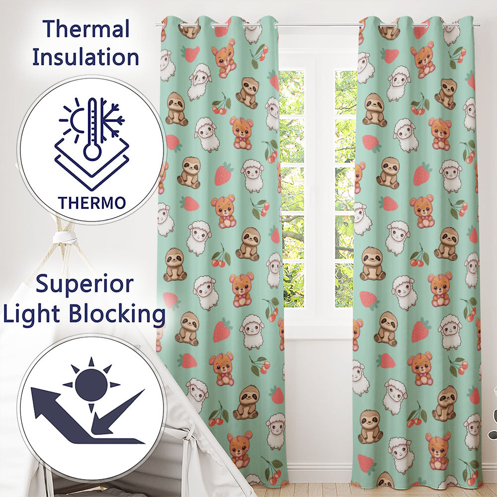 Cute Cute Baby Animals Bear Sheep Sloth Strawberry Cherry   Mint Background  Readymade Eyelet Ring Top Thermal 100% Blackout Curtains