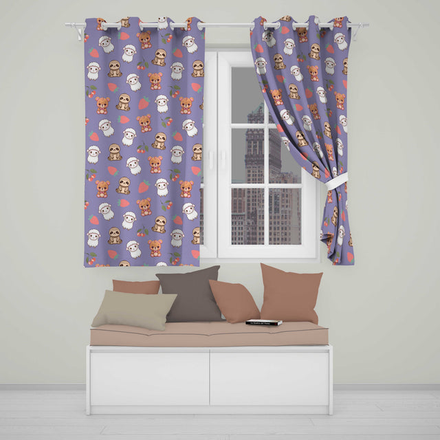 Cute Baby Animals Bear Sheep Sloth Strawberry Cherry Purple Background  Pattern  Readymade Eyelet Ring Top Thermal 100% Blackout Curtains