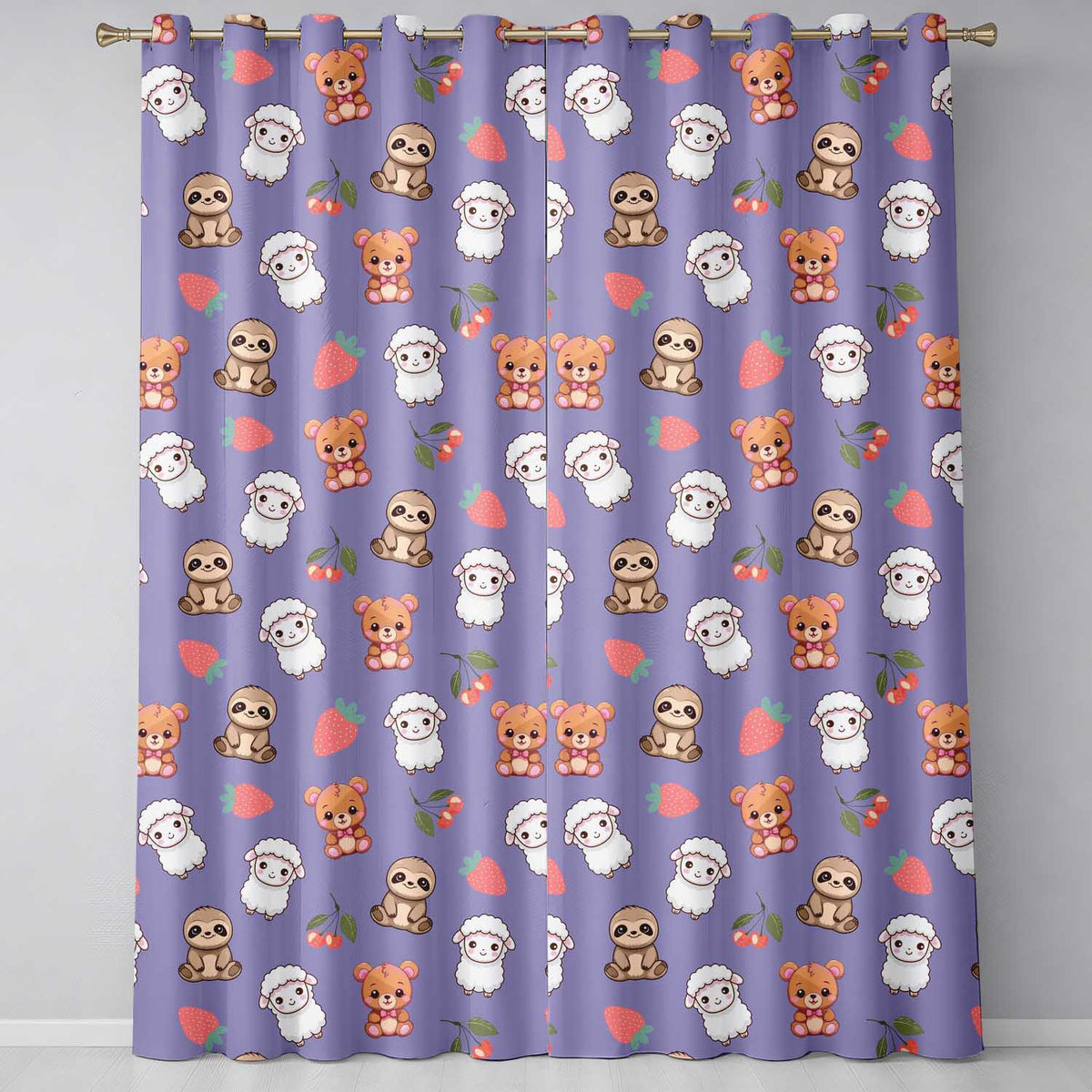 Cute Baby Animals Bear Sheep Sloth Strawberry Cherry Purple Background  Pattern  Readymade Eyelet Ring Top Thermal 100% Blackout Curtains