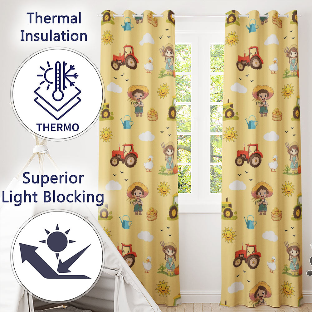 Cute Farm Tractor Duck Girl with Clouds Beige Background Seamless Pattern  Readymade Eyelet Ring Top Thermal 100% Blackout Curtains