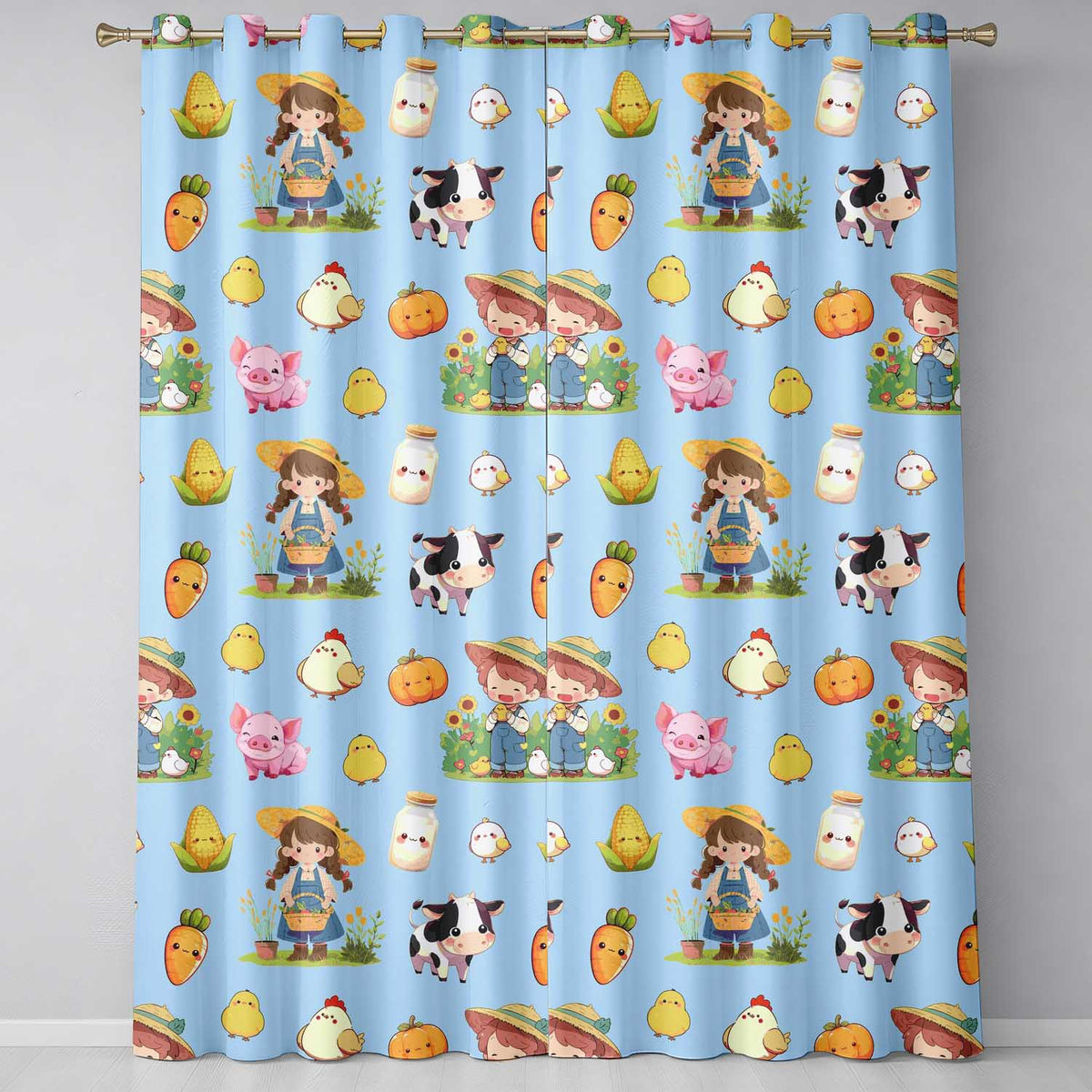 Cute Farm Animals Girl Pig Cow Chicken Blue Background Seamless Pattern  Readymade Eyelet Ring Top Thermal 100% Blackout Curtains