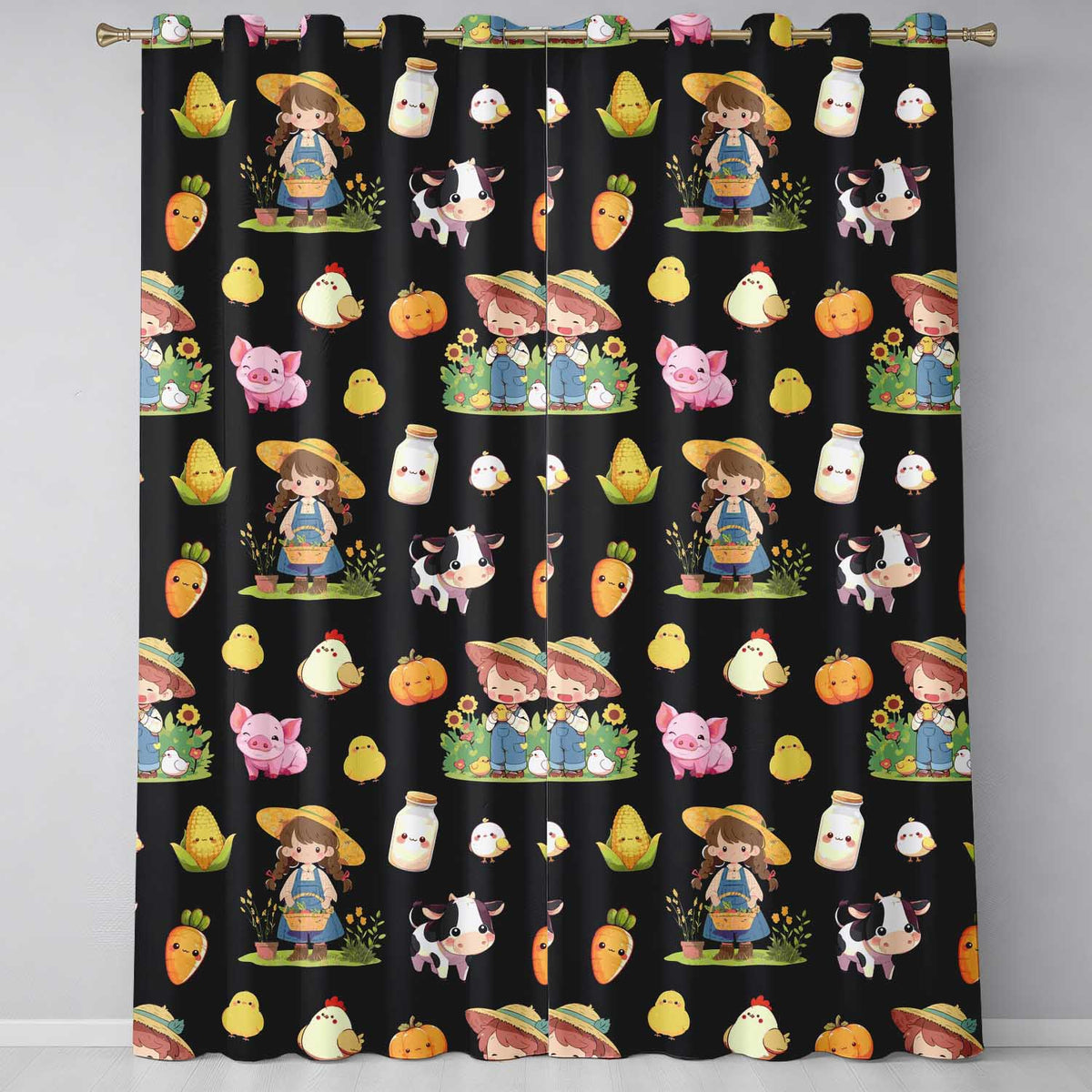 Cute Farm Animals Girl Pig Cow Chicken Black Background Seamless Pattern  Readymade Eyelet Ring Top Thermal 100% Blackout Curtains