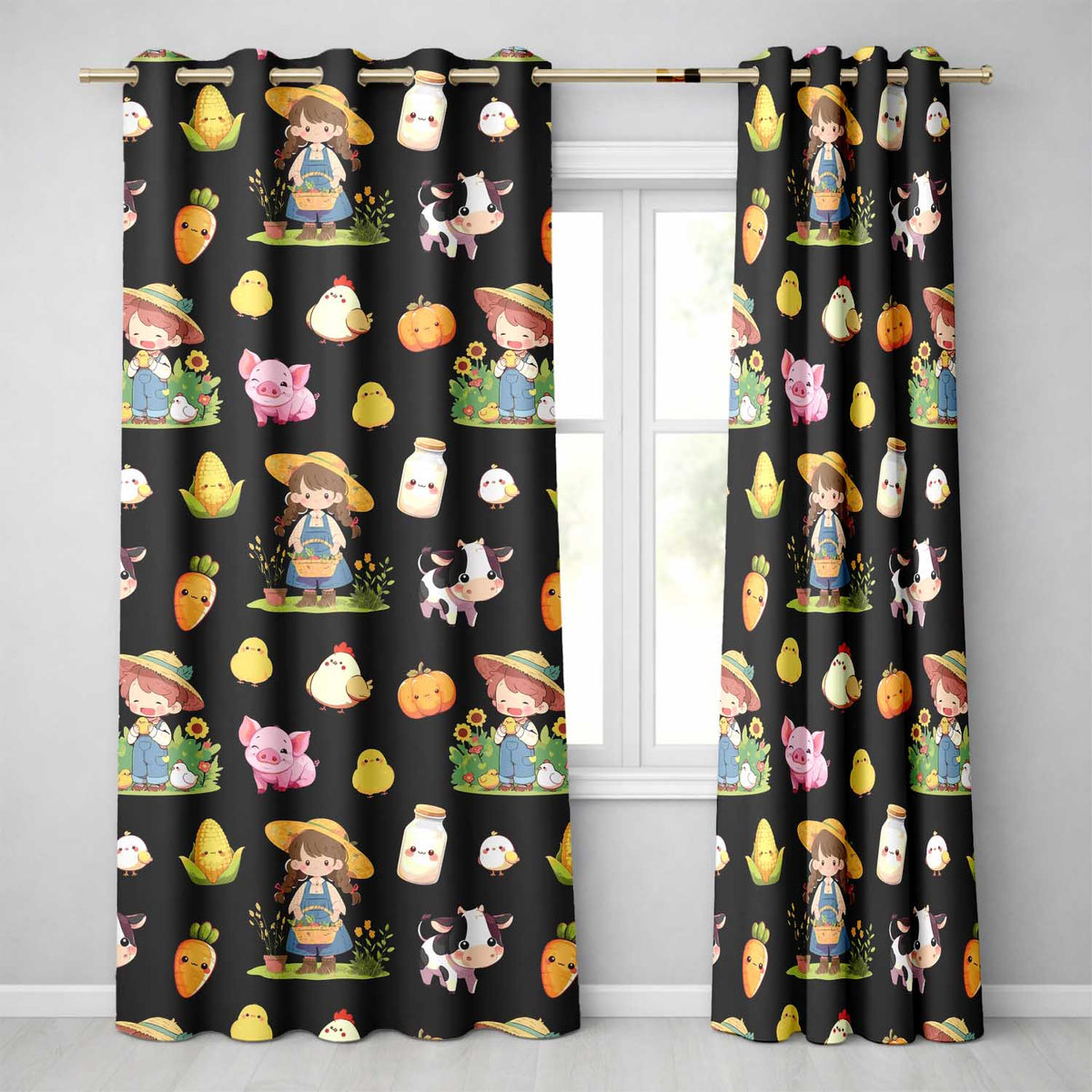 Cute Farm Animals Girl Pig Cow Chicken Black Background Seamless Pattern  Readymade Eyelet Ring Top Thermal 100% Blackout Curtains