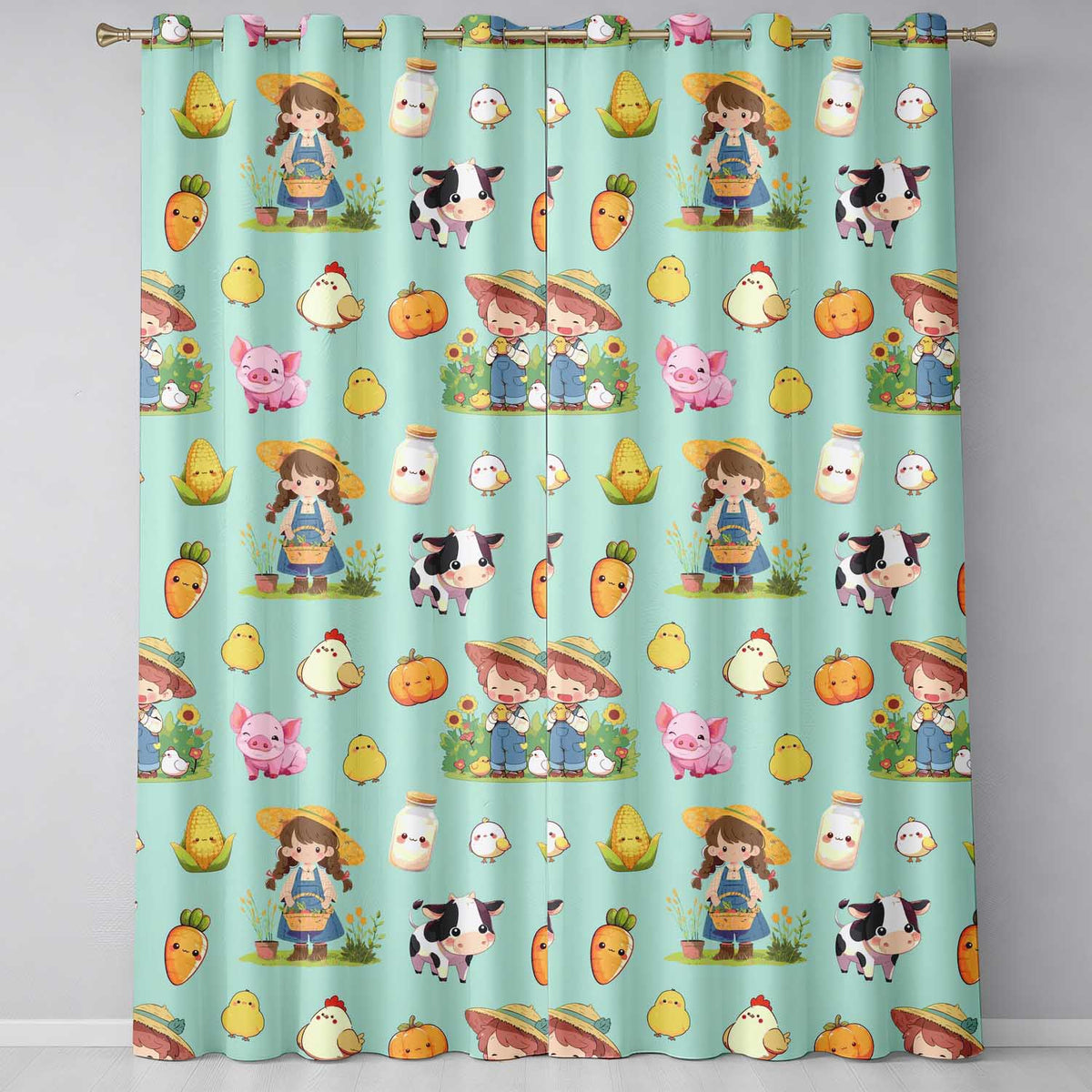 Cute Farm Animals Girl Pig Cow Chicken Mint Green Background Seamless Pattern  Readymade Eyelet Ring Top Thermal 100% Blackout Curtains
