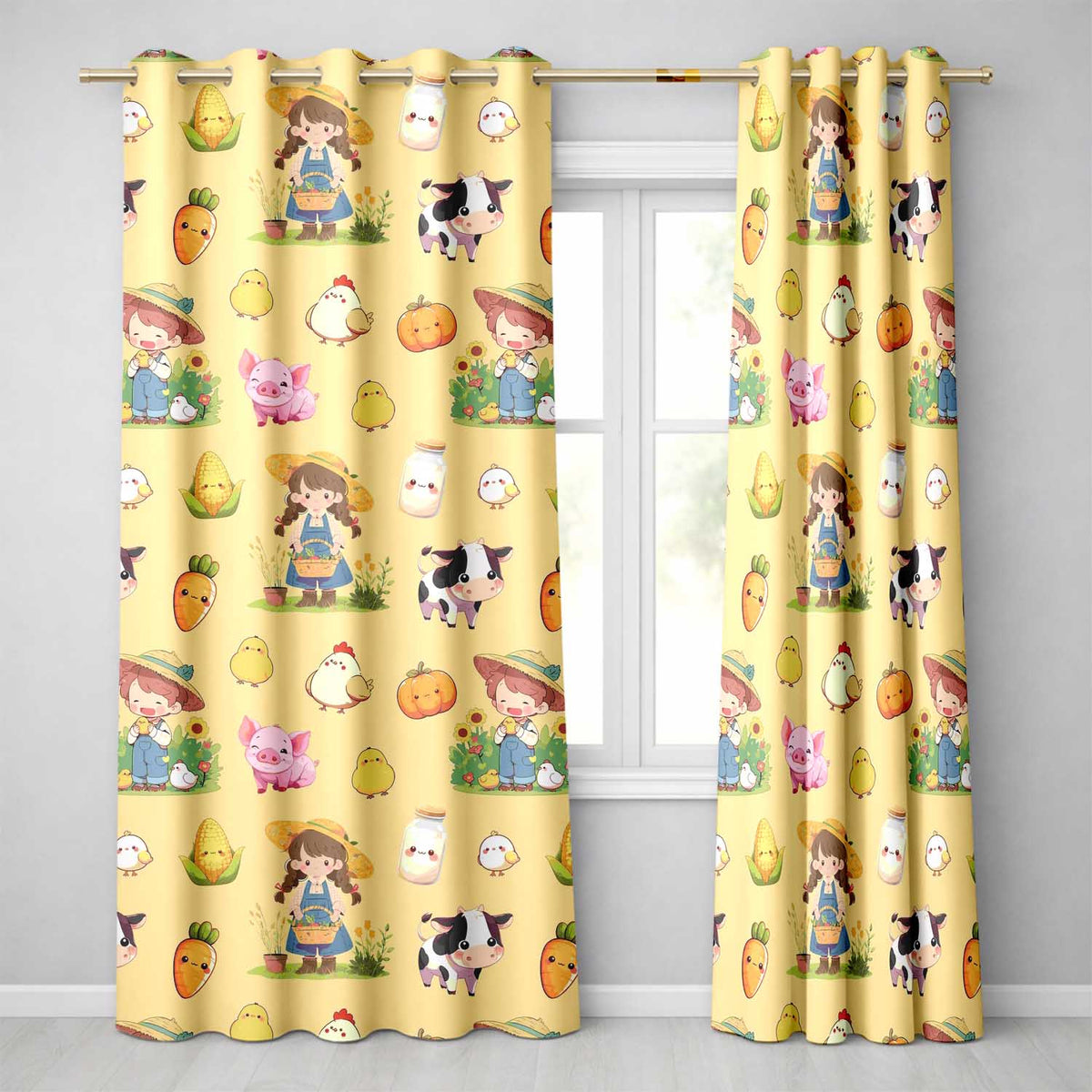Cute Farm Girl Pig Cow Chicken Corn Milk Yellow Background Seamless Pattern  Readymade Eyelet Ring Top Thermal 100% Blackout Curtains
