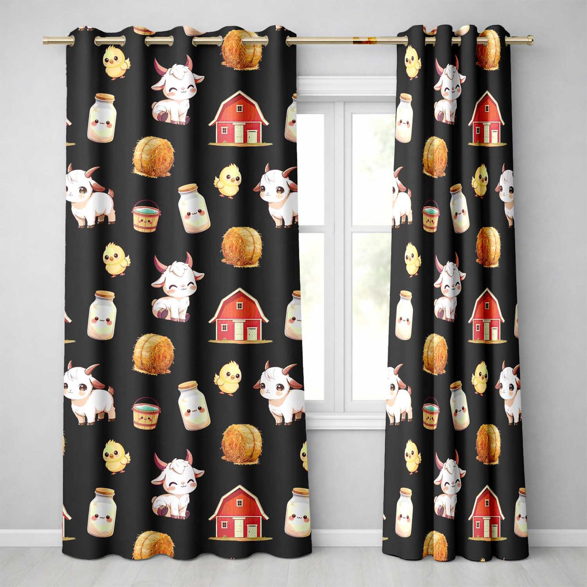 Cute Farm Goat Barn Hay Bale Chick Black Background Seamless Pattern  Readymade Eyelet Ring Top Thermal 100% Blackout Curtains