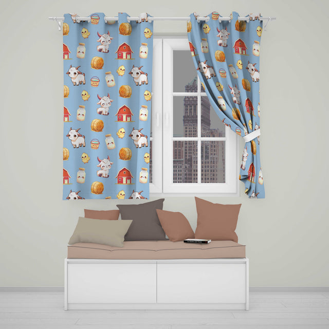 Cute Farm Goat Barn Hay Bale Chick Sky Blue Background Seamless Pattern  Readymade Eyelet Ring Top Thermal 100% Blackout Curtains