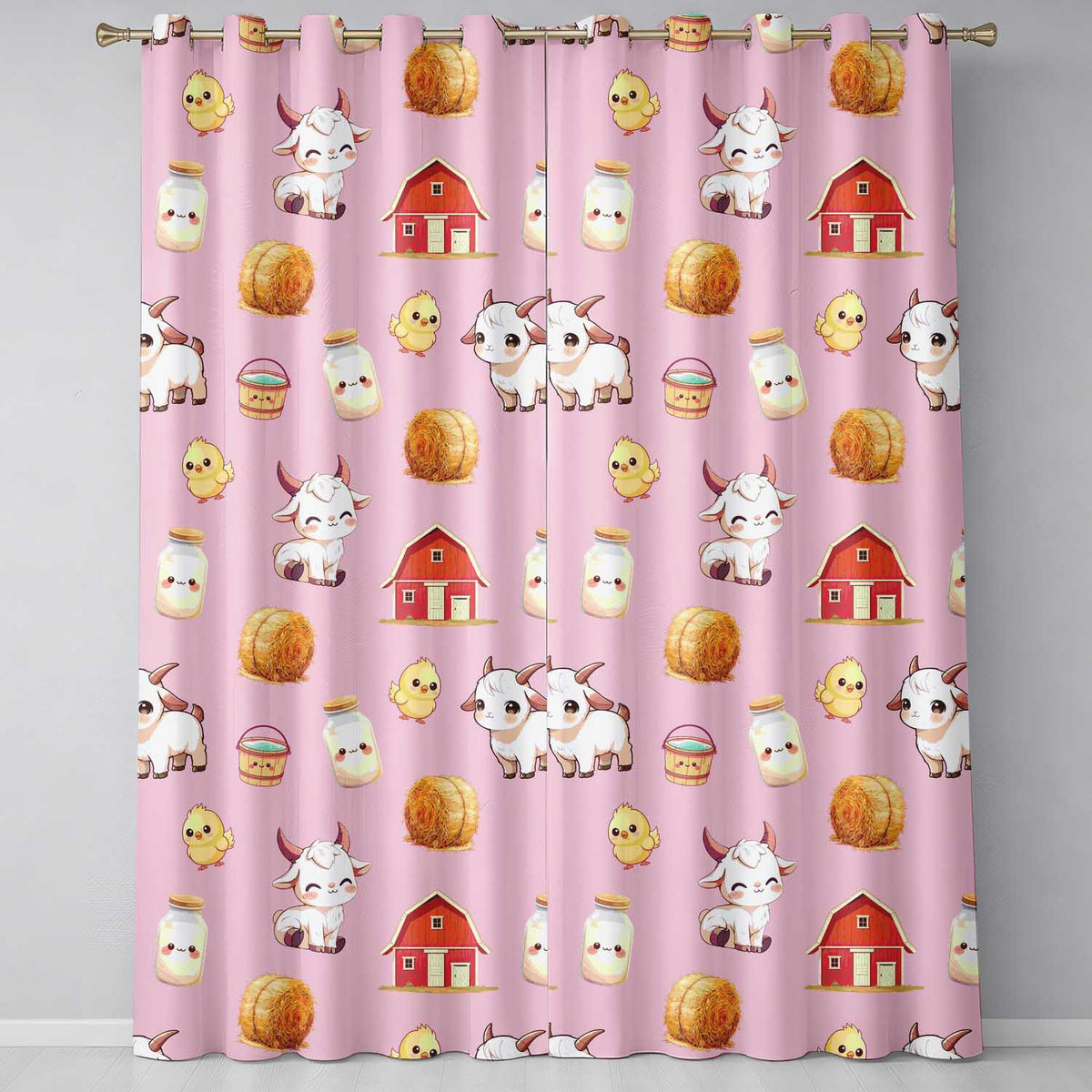 Cute Farm Goat Barn Hay Bale Chick Milk Bucket Pink Background Seamless Pattern  Readymade Eyelet Ring Top Thermal 100% Blackout Curtains