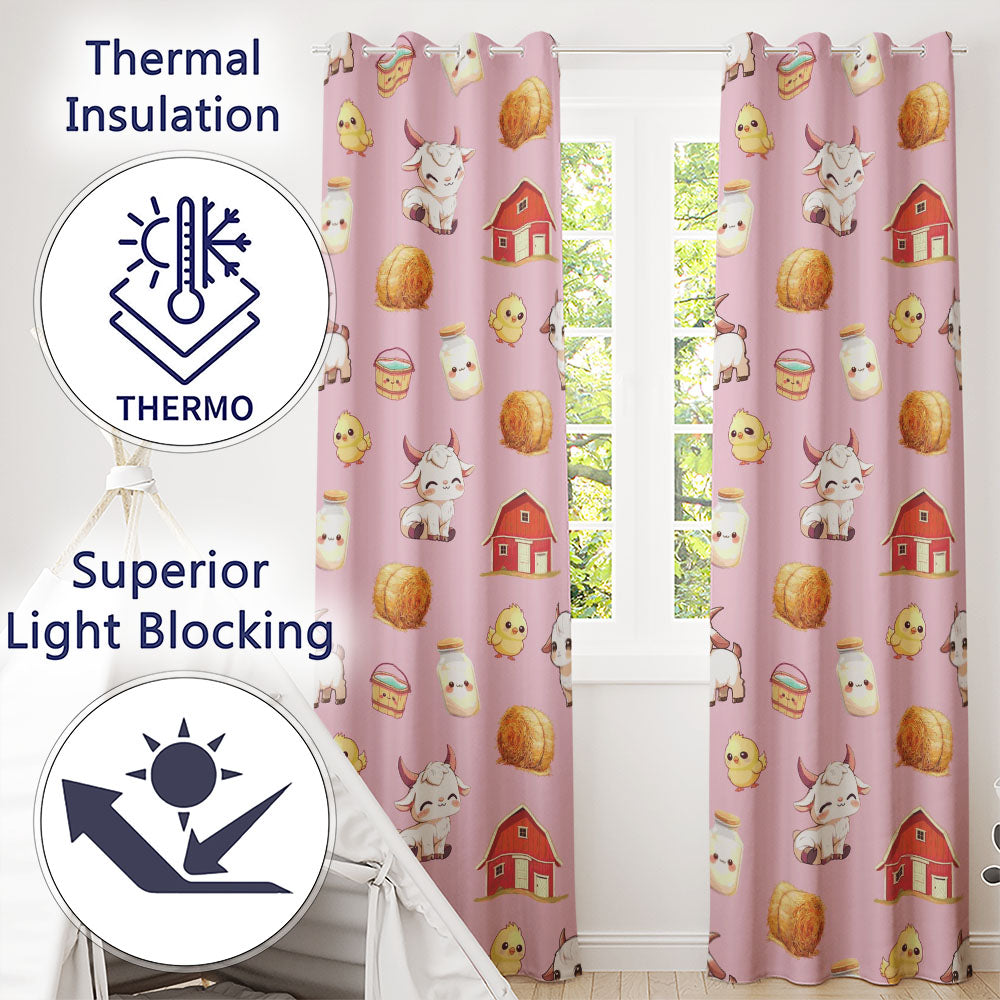 Cute Farm Goat Barn Hay Bale Chick Milk Bucket Pink Background Seamless Pattern  Readymade Eyelet Ring Top Thermal 100% Blackout Curtains