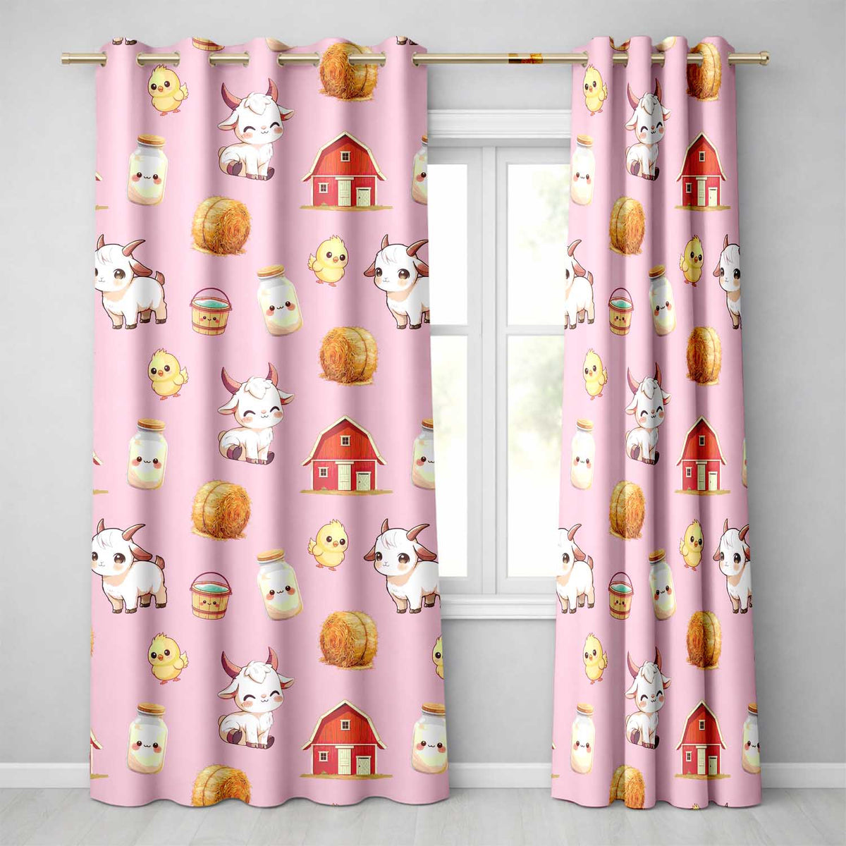 Cute Farm Goat Barn Hay Bale Chick Milk Bucket Pink Background Seamless Pattern  Readymade Eyelet Ring Top Thermal 100% Blackout Curtains