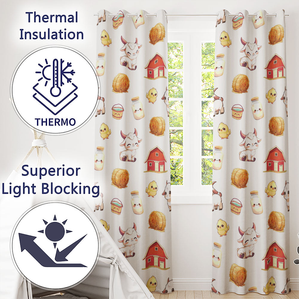 Cute Farm Goat Barn Hay Bale Chick Milk Bucket Grey Background Seamless Pattern  Readymade Eyelet Ring Top Thermal 100% Blackout Curtains