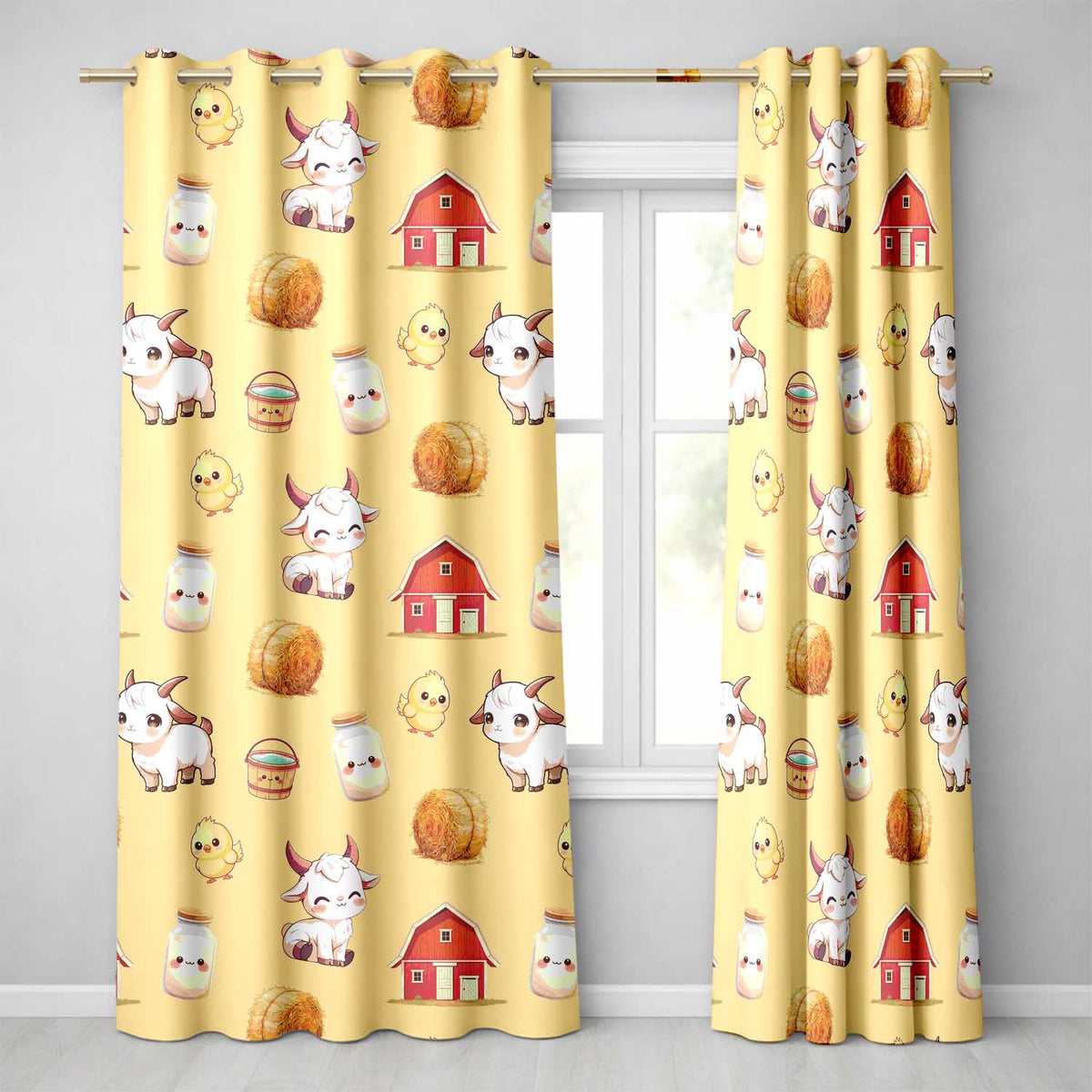 Cute Farm Goat Barn Hay Bale Chick Milk Bucket Yellow Background  Pattern  Readymade Eyelet Ring Top Thermal 100% Blackout Curtains