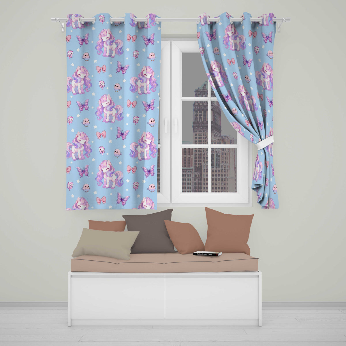 Cute Pastel Unicorn Butterfly Candy Stars Blue Background Seamless Pattern  Readymade Eyelet Ring Top Thermal 100% Blackout Curtains