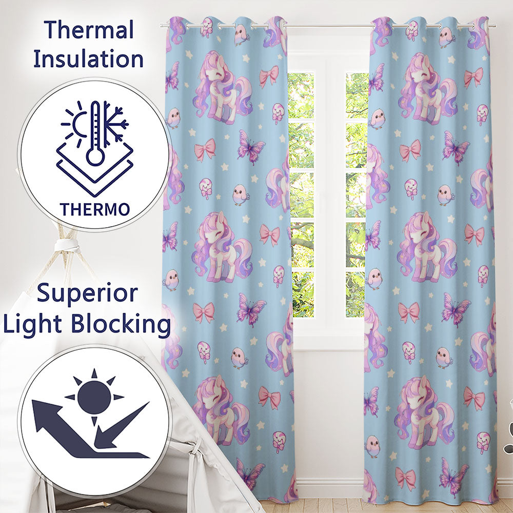 Cute Pastel Unicorn Butterfly Candy Stars Blue Background Seamless Pattern  Readymade Eyelet Ring Top Thermal 100% Blackout Curtains
