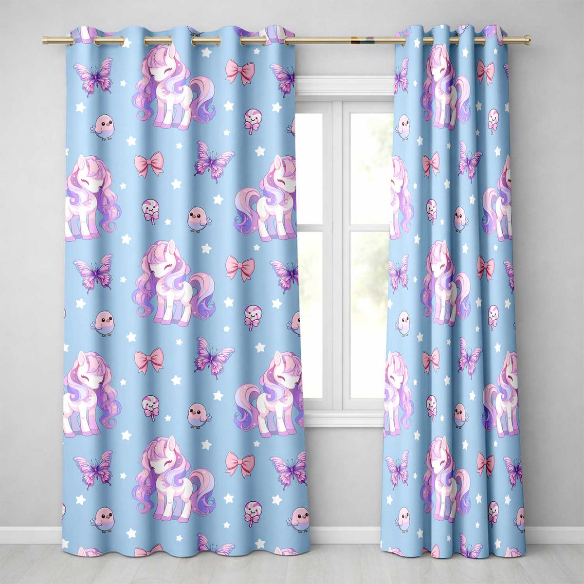 Cute Pastel Unicorn Butterfly Candy Stars Blue Background Seamless Pattern  Readymade Eyelet Ring Top Thermal 100% Blackout Curtains