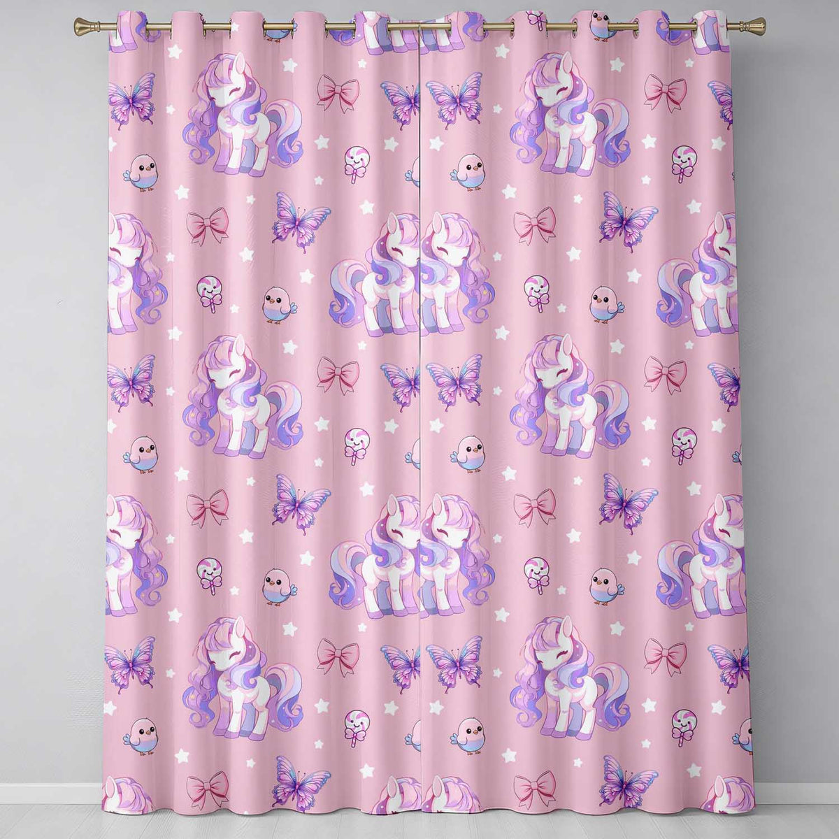 Cute Pastel Unicorn Butterfly Candy Stars Rose Pink Background Seamless Pattern  Readymade Eyelet Ring Top Thermal 100% Blackout Curtains