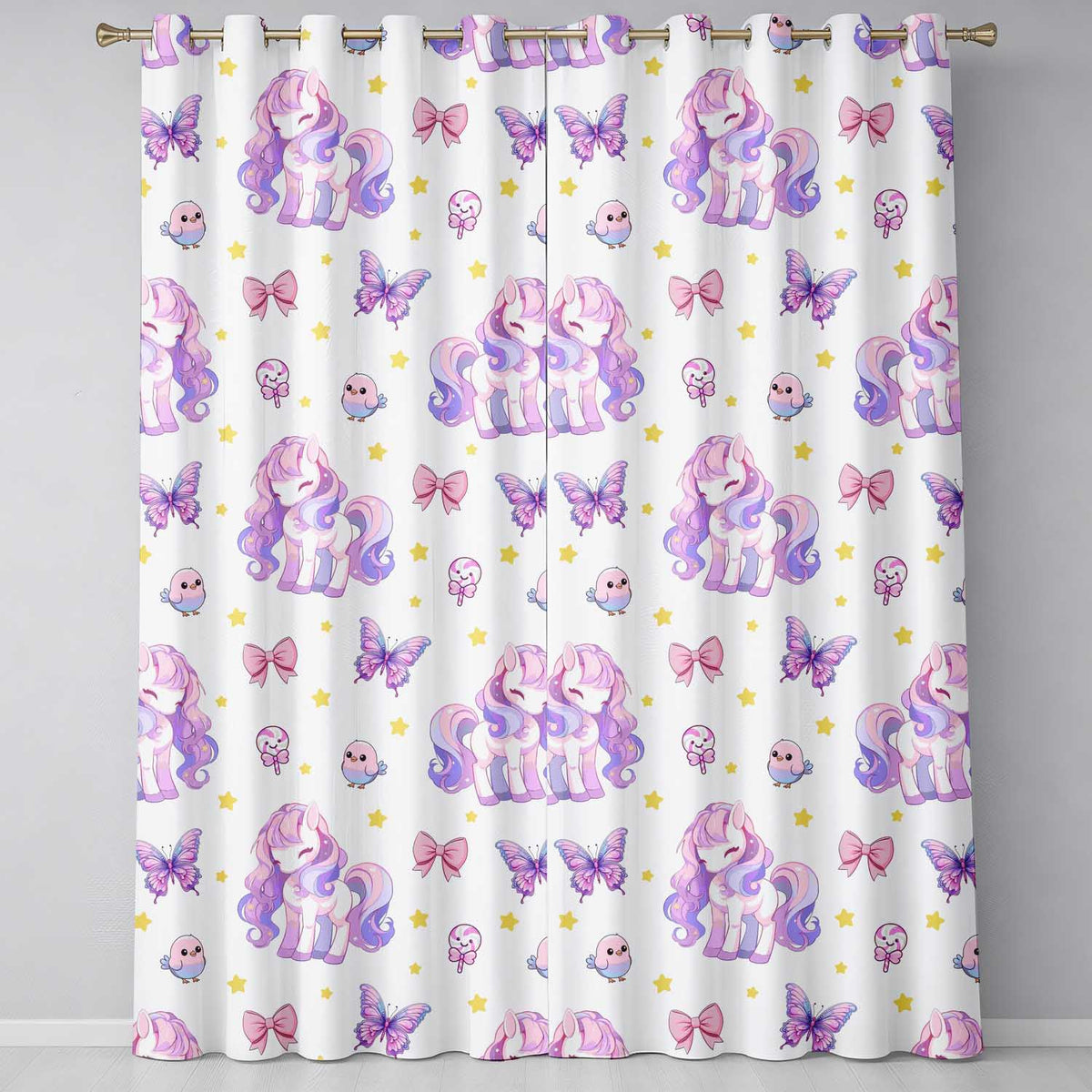 Cute Pastel Unicorn Butterfly Candy Stars Light Grey Background  Pattern  Readymade Eyelet Ring Top Thermal 100% Blackout Curtains