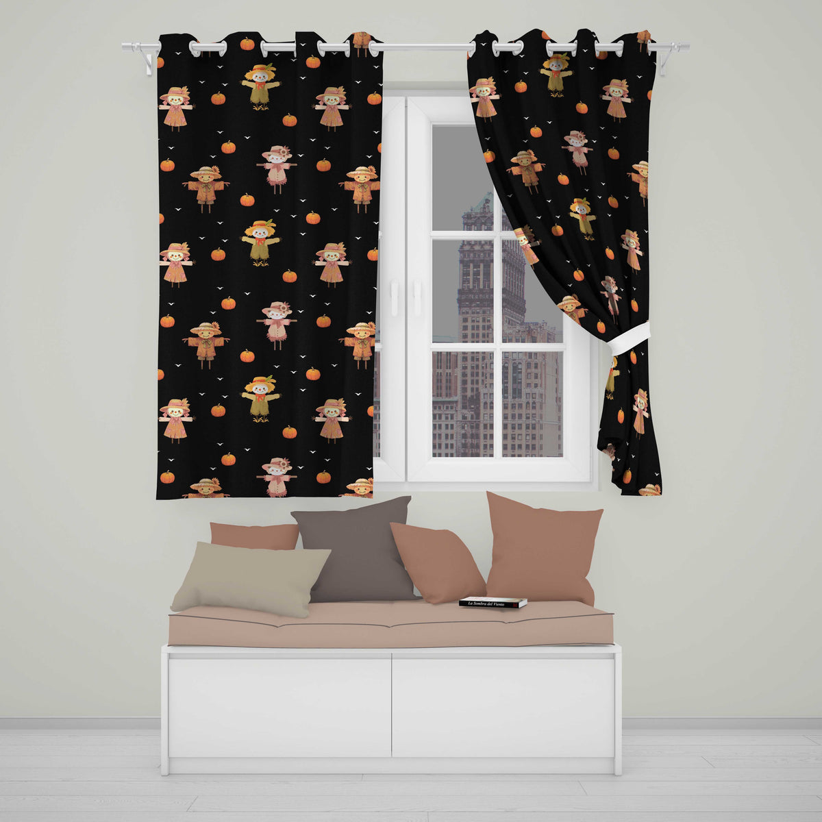 Cute Autumn Scarecrow Pumpkin Birds Seamless Pattern Black Background  Readymade Eyelet Ring Top Thermal 100% Blackout Curtains