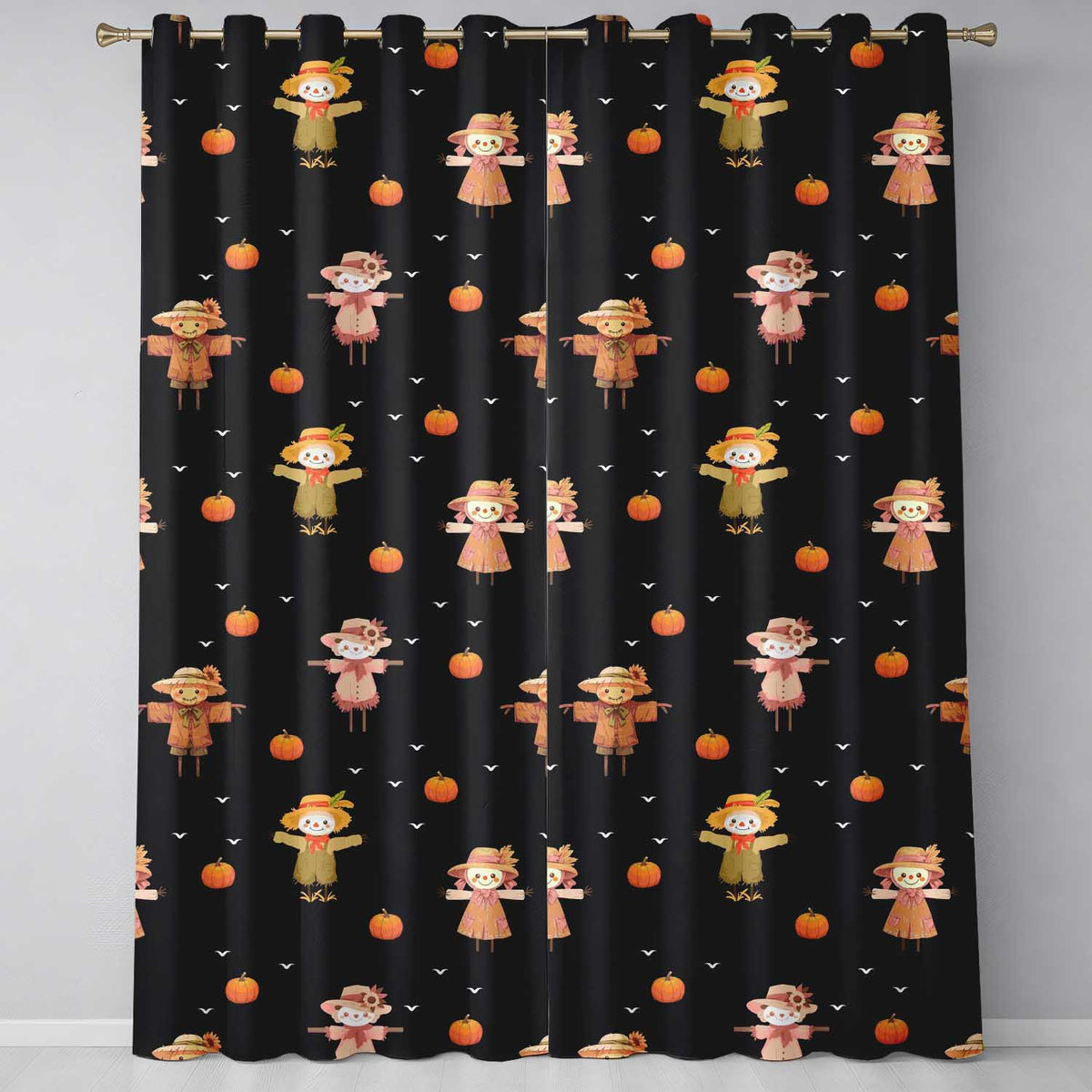 Cute Autumn Scarecrow Pumpkin Birds Seamless Pattern Black Background  Readymade Eyelet Ring Top Thermal 100% Blackout Curtains