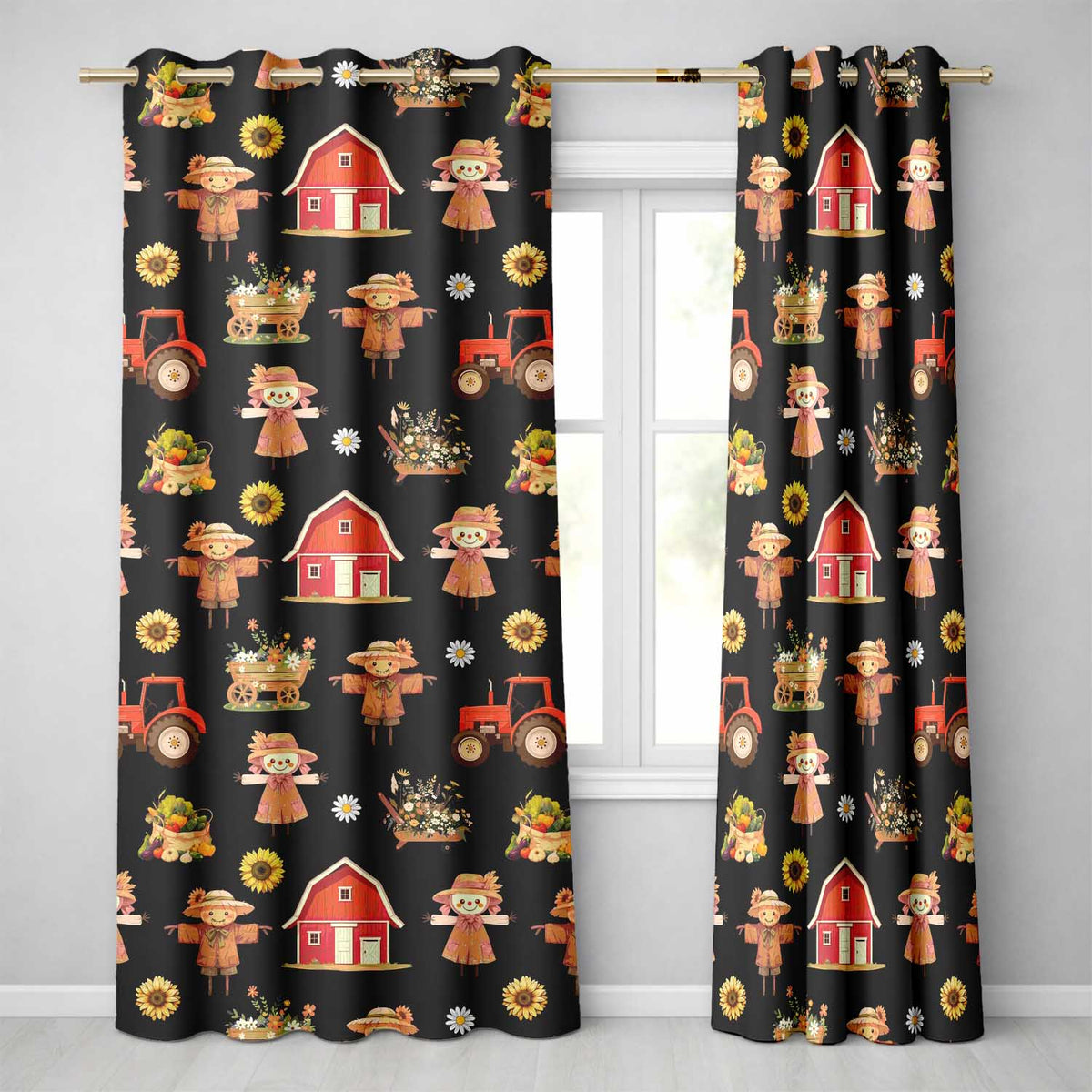 Cute Autumn Farm Scarecrow Barn Flowers Seamless Pattern Black Background  Readymade Eyelet Ring Top Thermal 100% Blackout Curtains