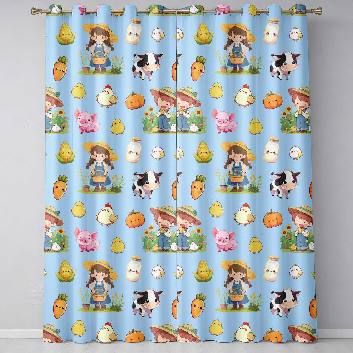 Cute Farm Girl Animals Harvest Seamless Pattern Blue Background  Readymade Eyelet Ring Top Thermal 100% Blackout Curtains
