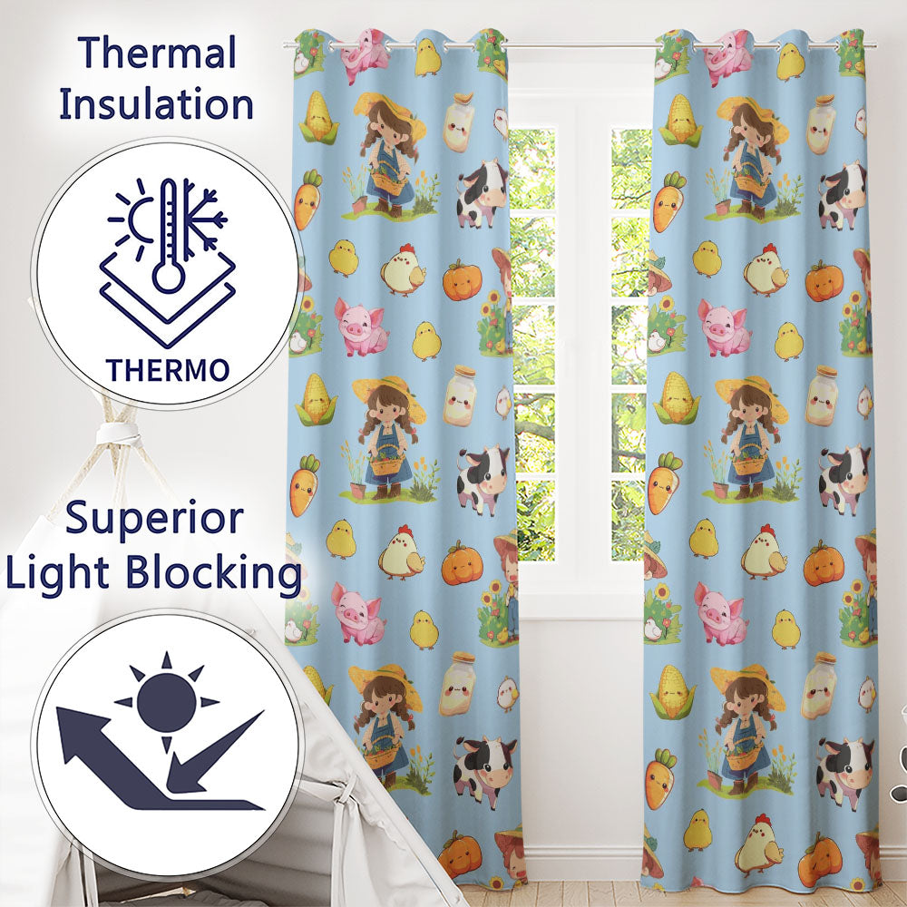 Cute Farm Girl Animals Harvest Seamless Pattern Blue Background  Readymade Eyelet Ring Top Thermal 100% Blackout Curtains