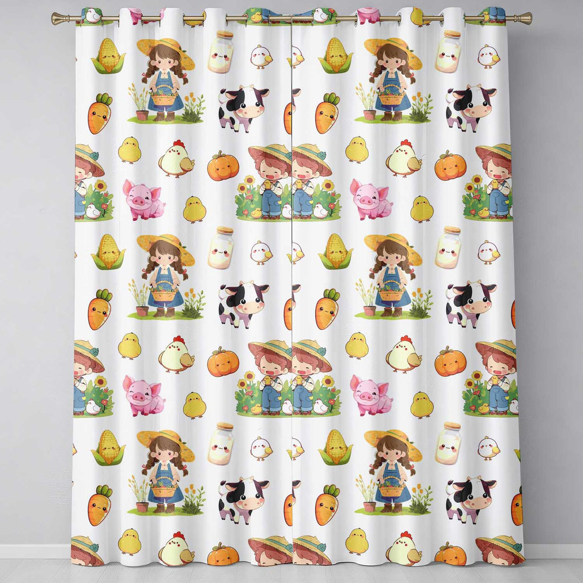 Cute Farm Girl Animals Harvest Seamless Pattern Cream Background  Readymade Eyelet Ring Top Thermal 100% Blackout Curtains