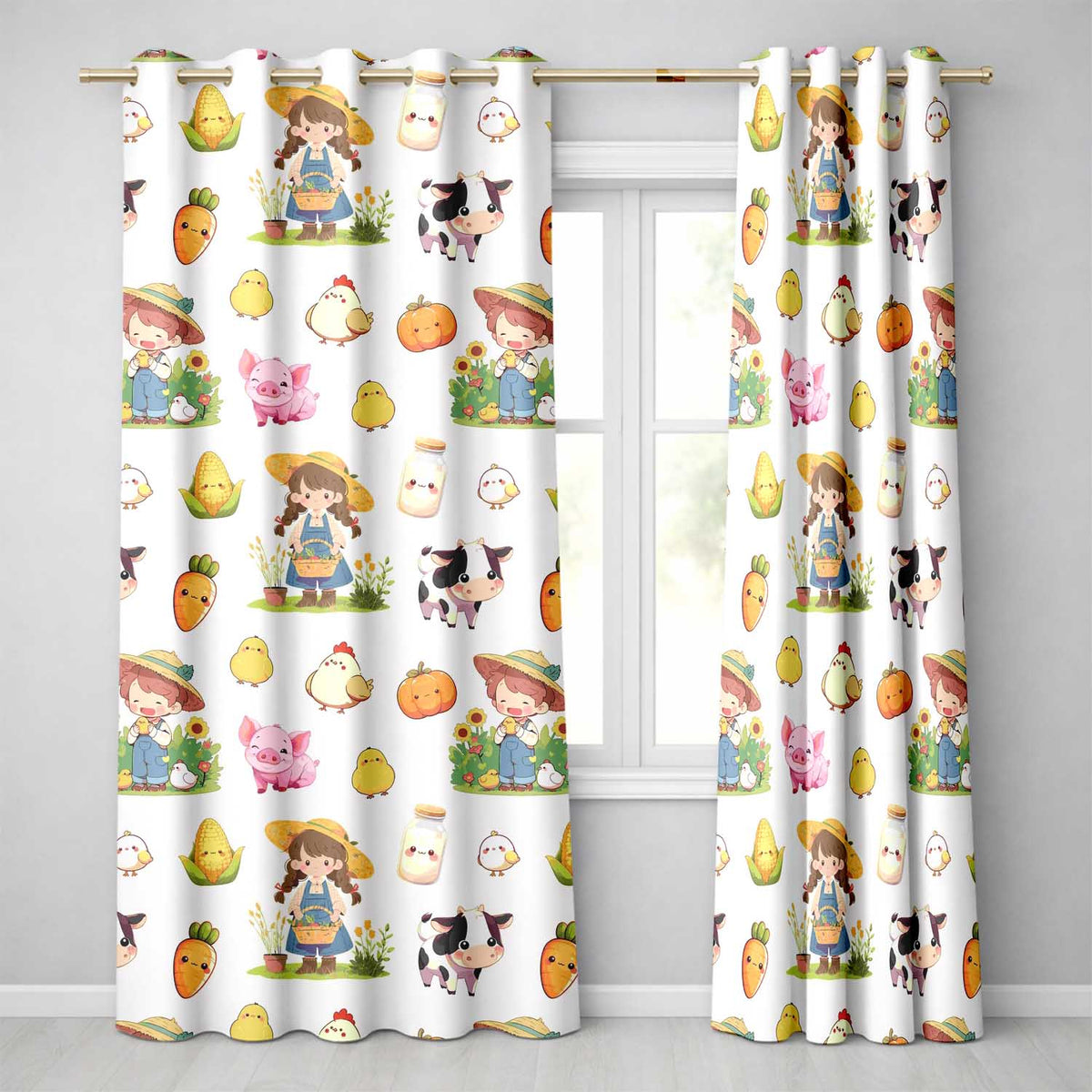 Cute Farm Girl Animals Harvest Seamless Pattern Cream Background  Readymade Eyelet Ring Top Thermal 100% Blackout Curtains