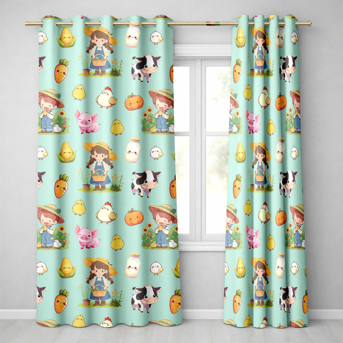 Cute Farm Girl Animals Harvest Seamless Pattern Mint Background  Readymade Eyelet Ring Top Thermal 100% Blackout Curtains