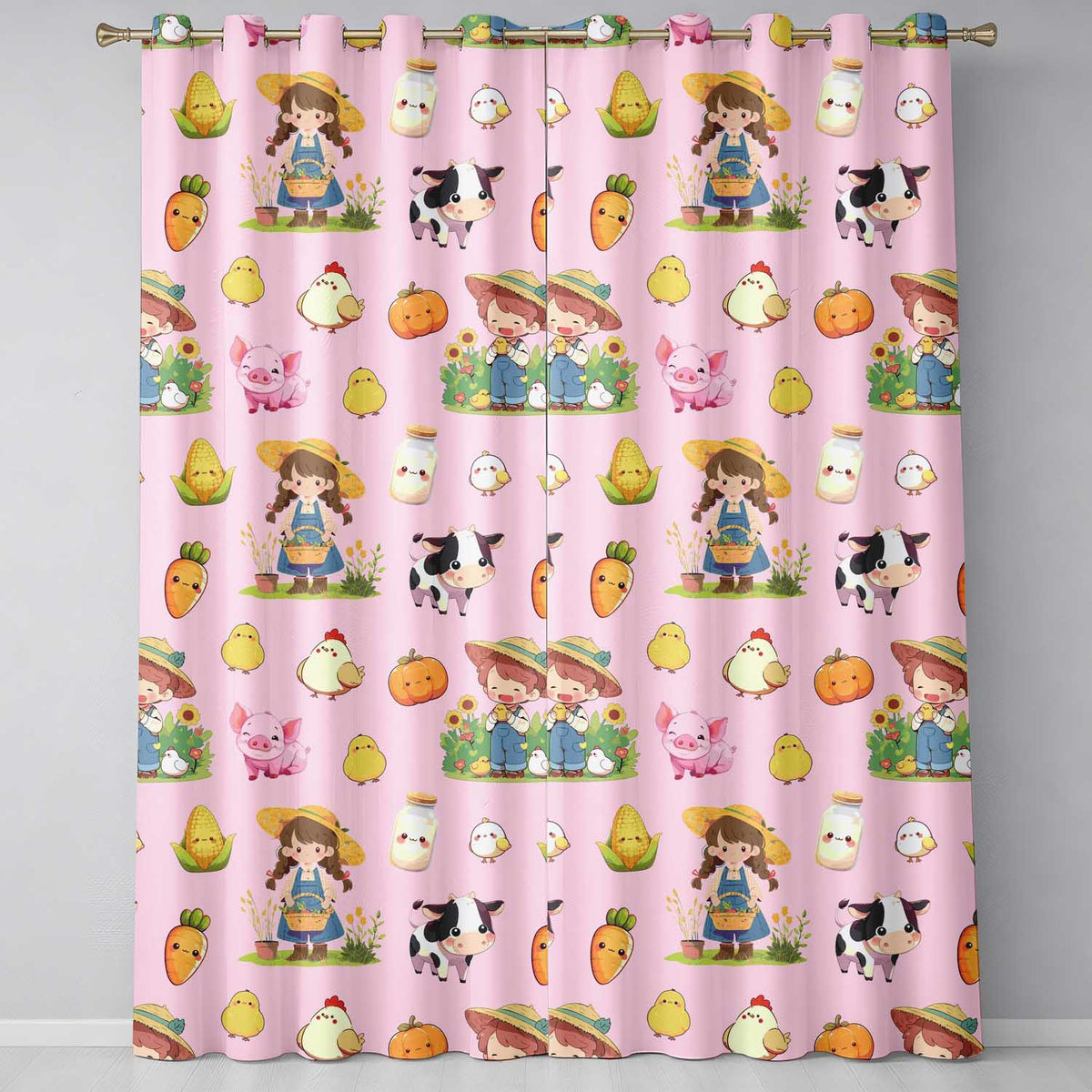 Cute Farm Girl Animals Harvest Seamless Pattern Pink Background  Readymade Eyelet Ring Top Thermal 100% Blackout Curtains