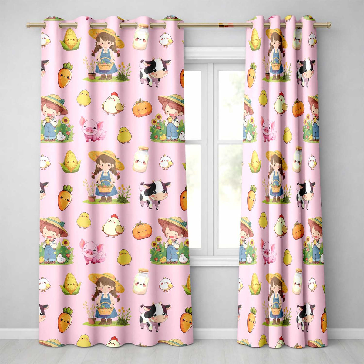 Cute Farm Girl Animals Harvest Seamless Pattern Pink Background  Readymade Eyelet Ring Top Thermal 100% Blackout Curtains