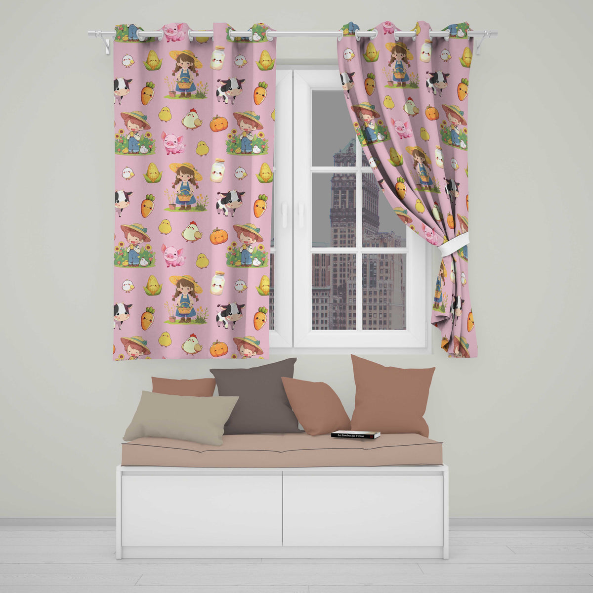 Cute Farm Girl Animals Harvest Seamless Pattern Pink Background  Readymade Eyelet Ring Top Thermal 100% Blackout Curtains