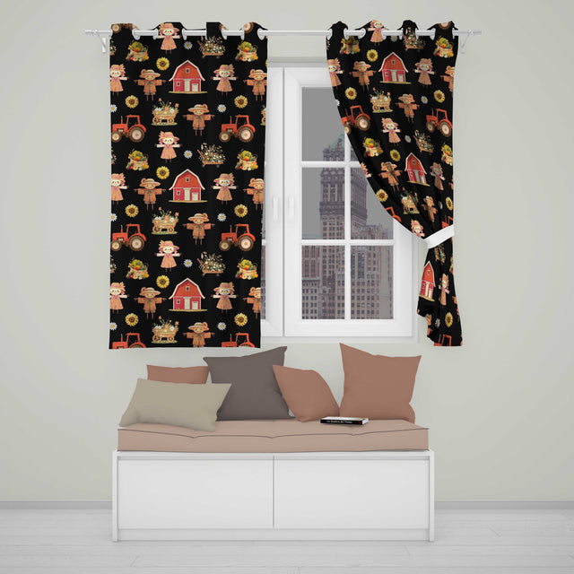 Cute Autumn Scarecrow Barn Flowers Seamless Pattern Black Background  Readymade Eyelet Ring Top Thermal 100% Blackout Curtains