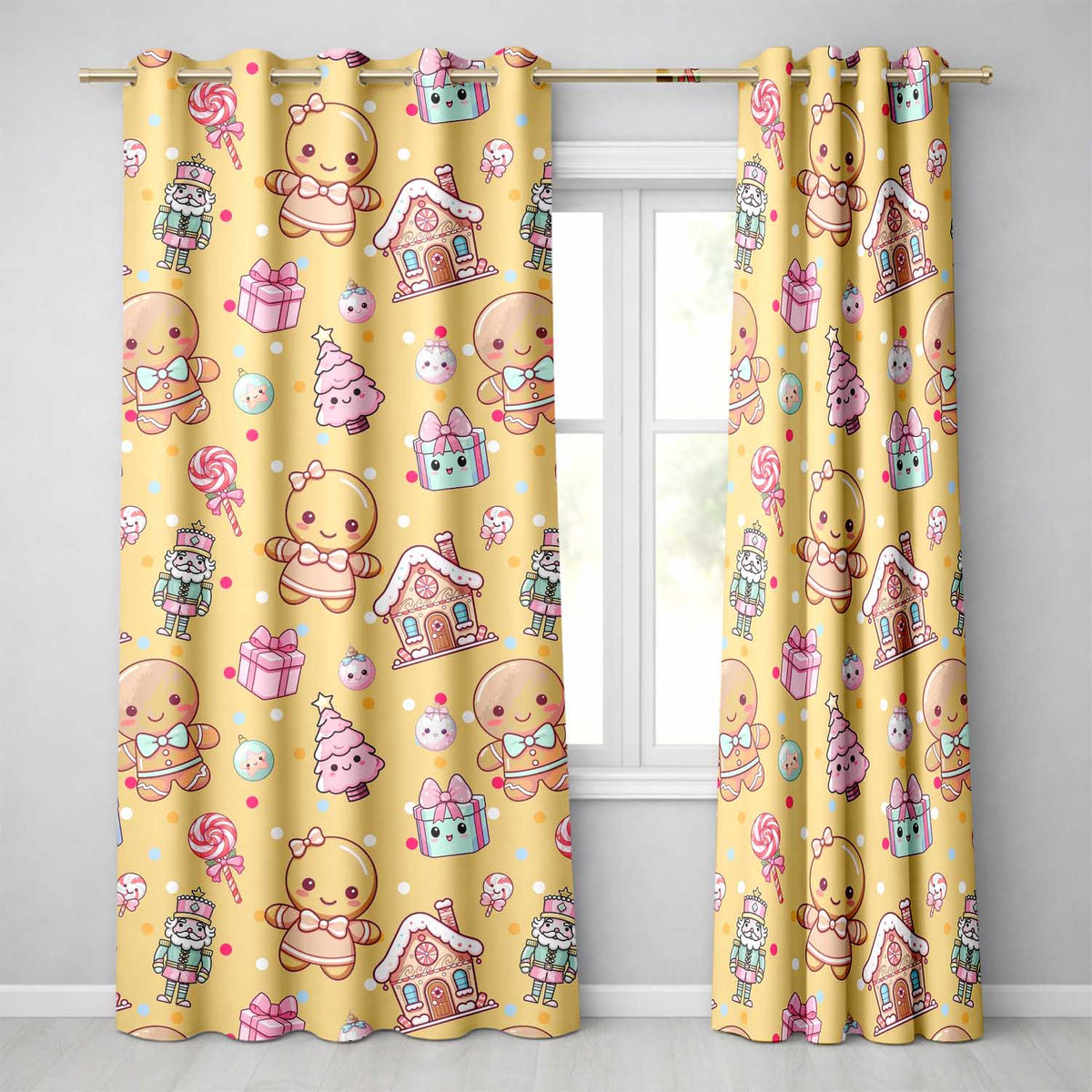 Cute Christmas Gingerbread Candy House Gifts Seamless Pattern Yellow Background  Readymade Eyelet Ring Top Thermal 100% Blackout Curtains