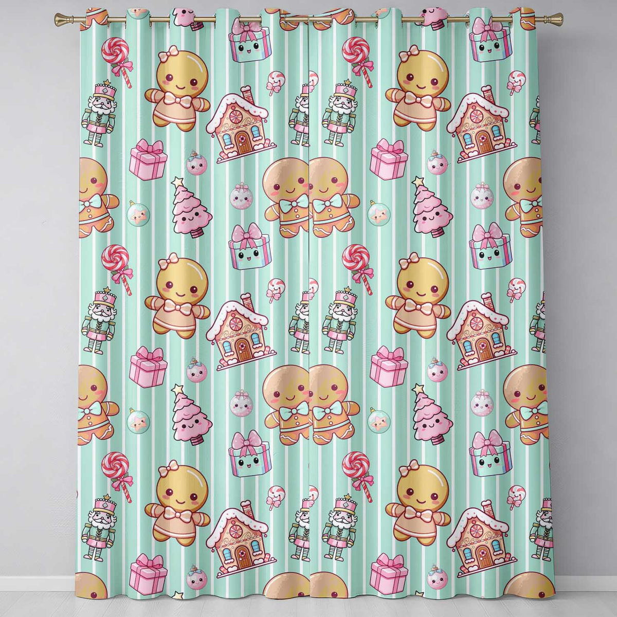 Cute Christmas Gingerbread Candy House Gifts  Pattern Teal Stripe Background  Readymade Eyelet Ring Top Thermal 100% Blackout Curtains