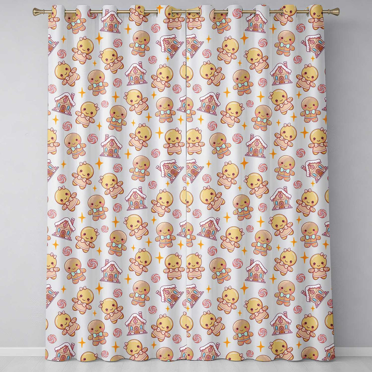 Cute Christmas Gingerbread Candy House Gifts Seamless Pattern Cream Background  Readymade Eyelet Ring Top Thermal 100% Blackout Curtains