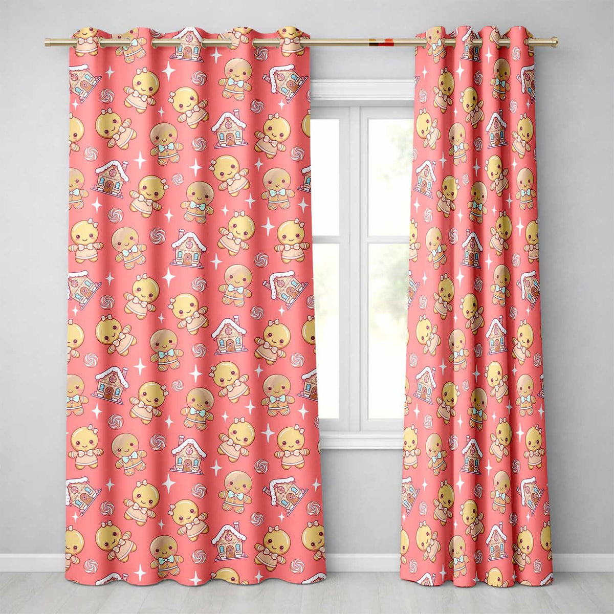Cute Christmas Gingerbread Characters Candy House  Pattern Coral Background  Readymade Eyelet Ring Top Thermal 100% Blackout Curtains