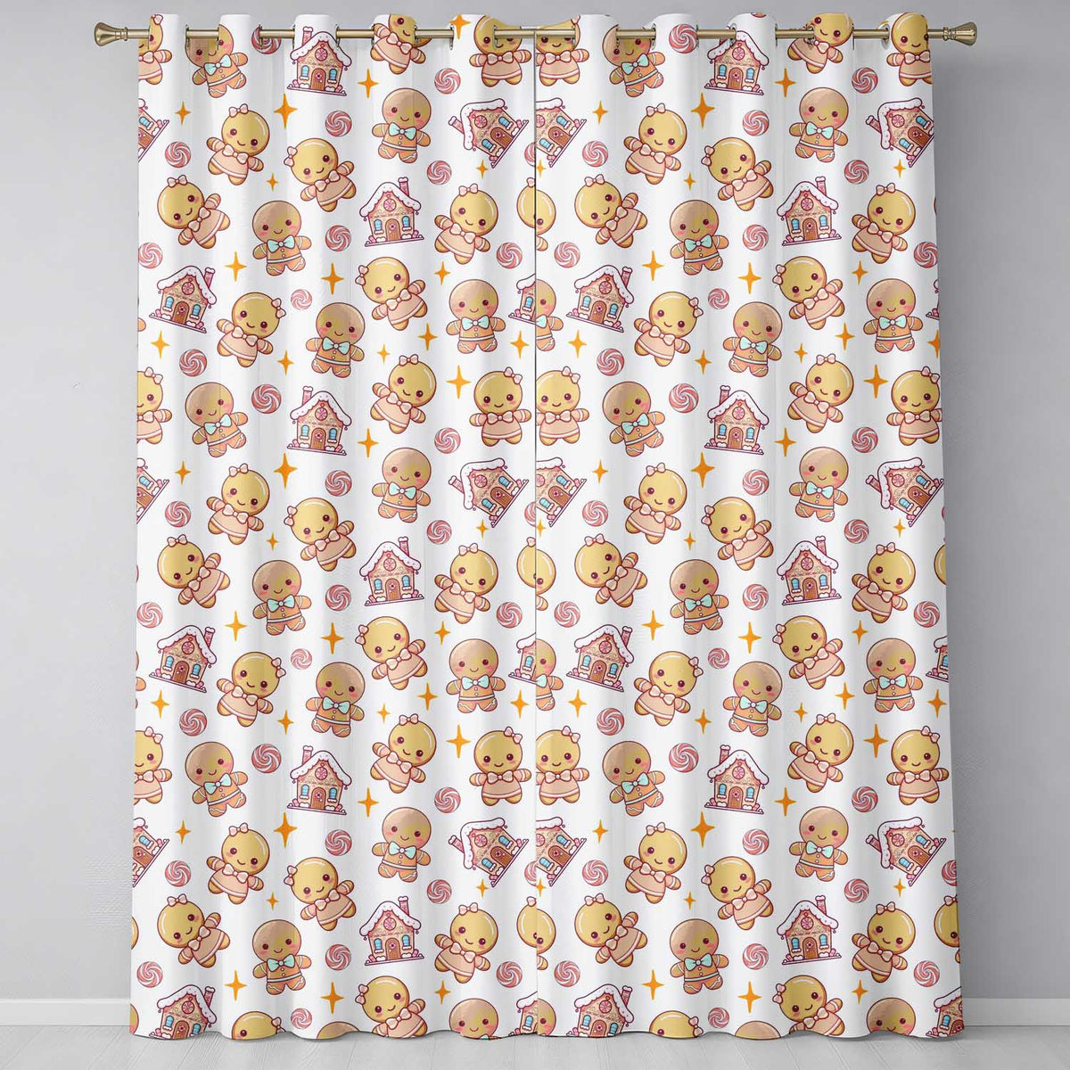 Cute Christmas Gingerbread Characters Candy House   White Star Background  Readymade Eyelet Ring Top Thermal 100% Blackout Curtains