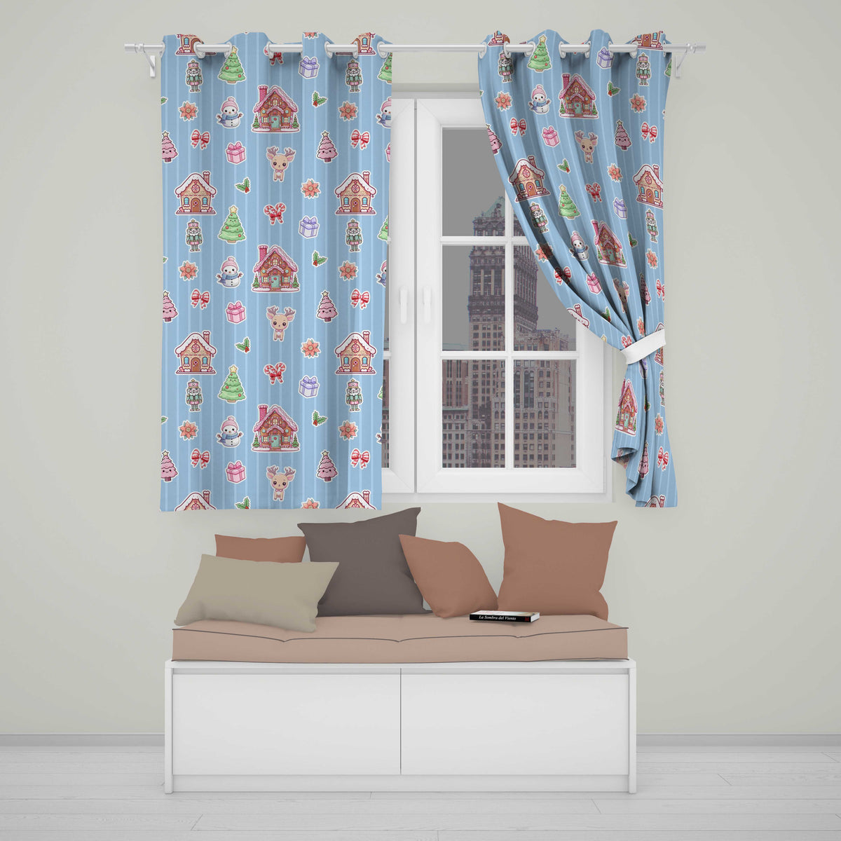 Cute Christmas Festive Stickers Gingerbread House Tree Blue Stripe Background  Readymade Eyelet Ring Top Thermal 100% Blackout Curtains