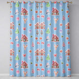 Cute Christmas Festive Stickers Gingerbread House Tree Blue Stripe Background  Readymade Eyelet Ring Top Thermal 100% Blackout Curtains