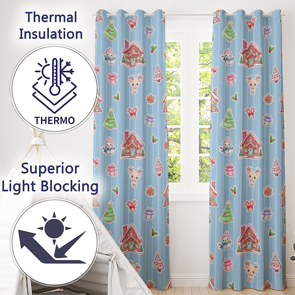 Cute Christmas Festive Stickers Gingerbread House Tree Blue Stripe Background  Readymade Eyelet Ring Top Thermal 100% Blackout Curtains