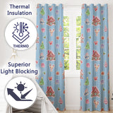 Cute Christmas Festive Stickers Gingerbread House Tree Blue Stripe Background  Readymade Eyelet Ring Top Thermal 100% Blackout Curtains
