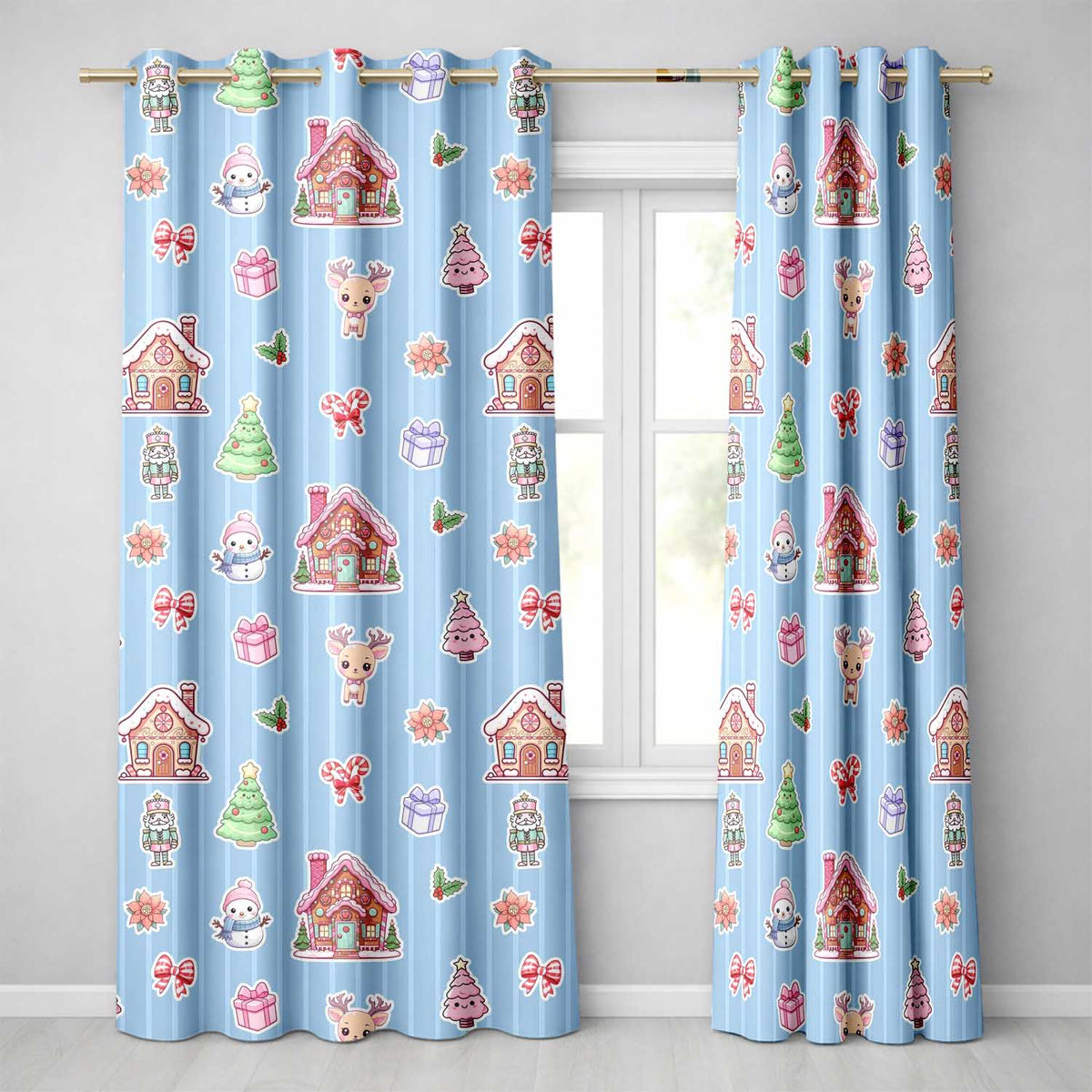 Cute Christmas Festive Stickers Gingerbread House Tree Blue Stripe Background  Readymade Eyelet Ring Top Thermal 100% Blackout Curtains