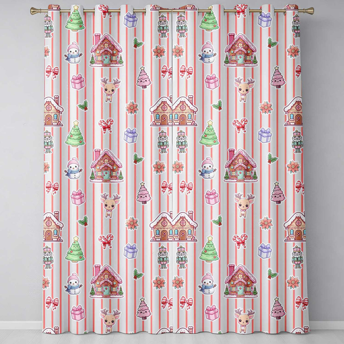 Cute Christmas Festive Stickers Gingerbread House Tree Cream Stripe Background  Readymade Eyelet Ring Top Thermal 100% Blackout Curtains