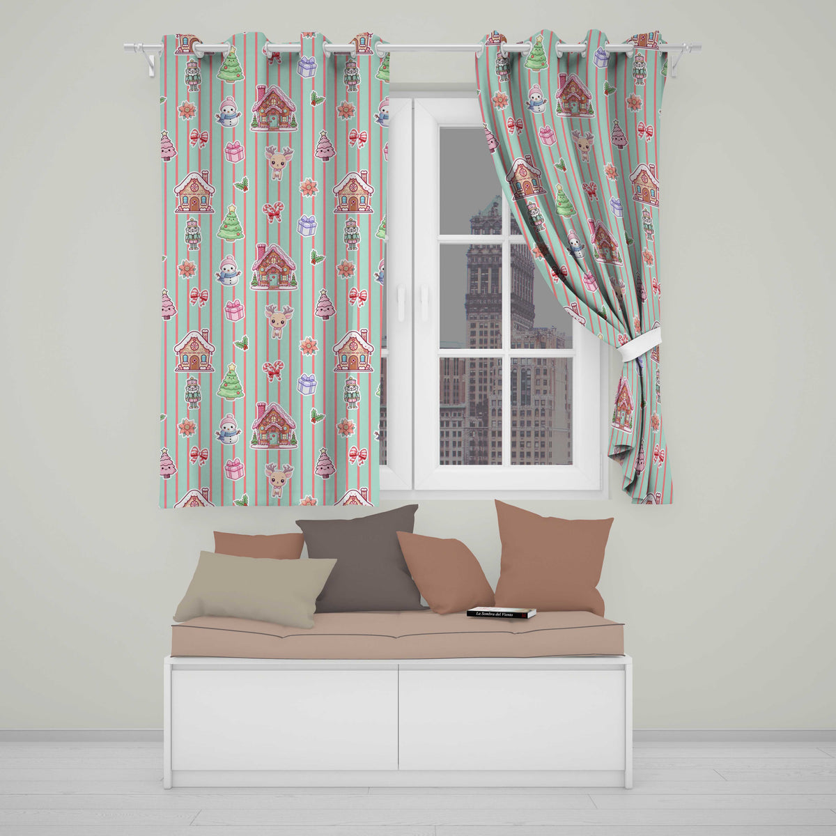 Cute Christmas Festive Stickers Gingerbread House Tree Teal Stripe Background  Readymade Eyelet Ring Top Thermal 100% Blackout Curtains
